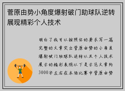 菅原由势小角度爆射破门助球队逆转展现精彩个人技术